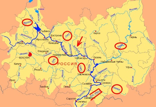 Притоки реки Волги на карте