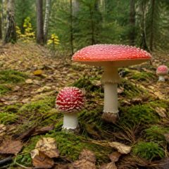 Ядовитые грибы — мухоморы в осеннем лесу — ИИ-иллюстрация