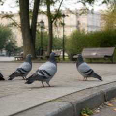Голуби и воробей в зелёном городском сквере