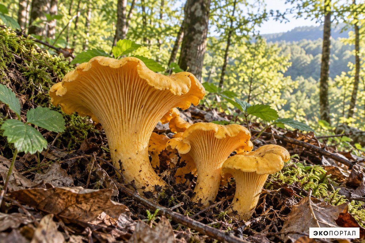 Лисички после дождя в предгорном лесу